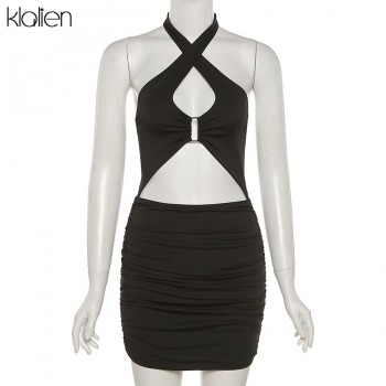 Women Summer Sexy Skinny Stretch Hollow Out Sleeveless Backless Halter Mini Bodycon Dress New Casual